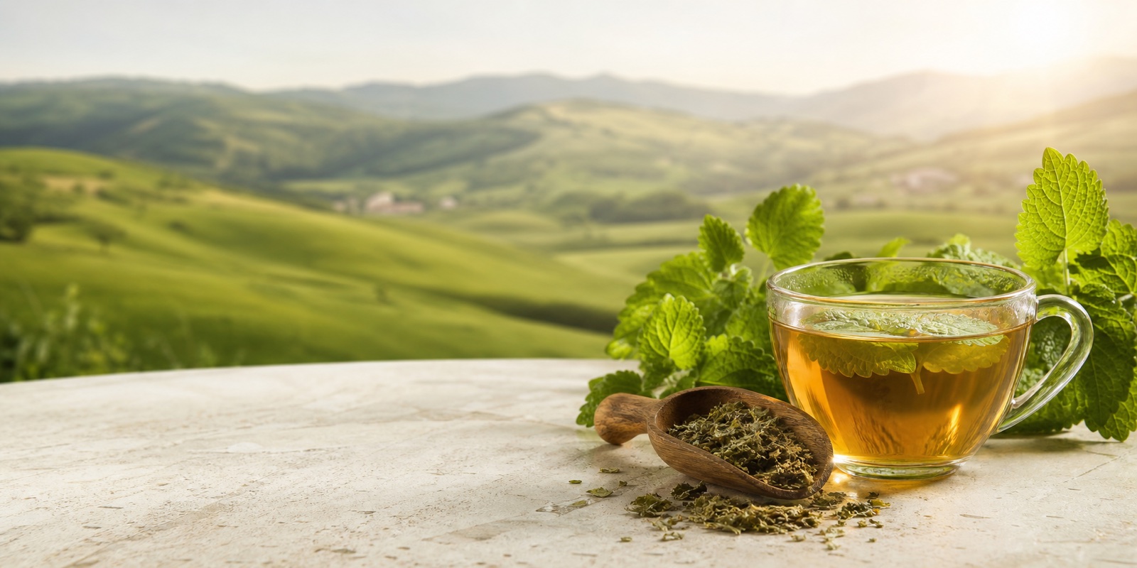 A glass cup of herbal Melissa tea with fresh lemon balm leaves