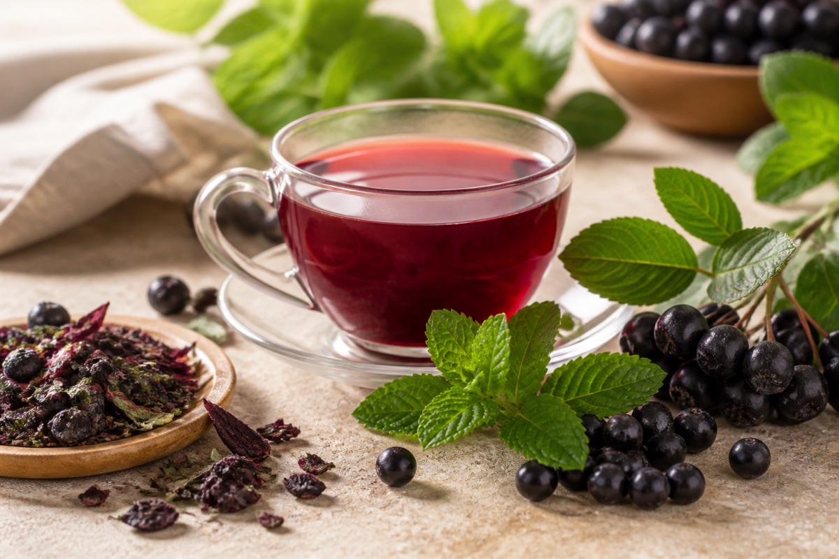 Aronia and mint tea with aronia berries and mint leaves