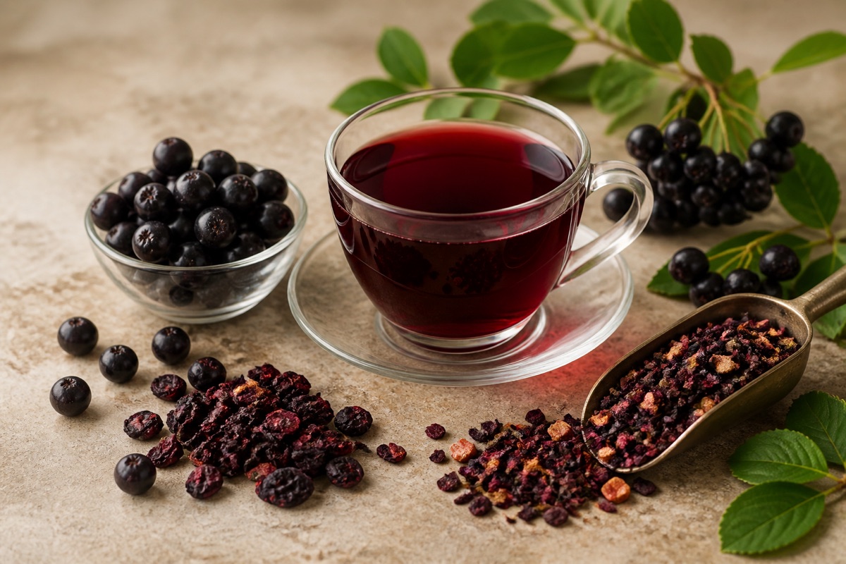 Aronia tea with dark aronia berries