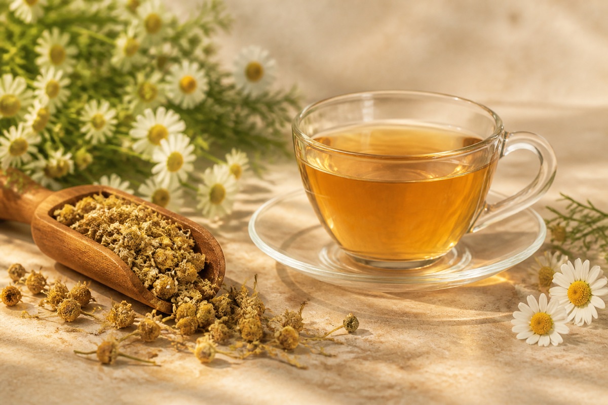 Chamomile tea with chamomile flowers