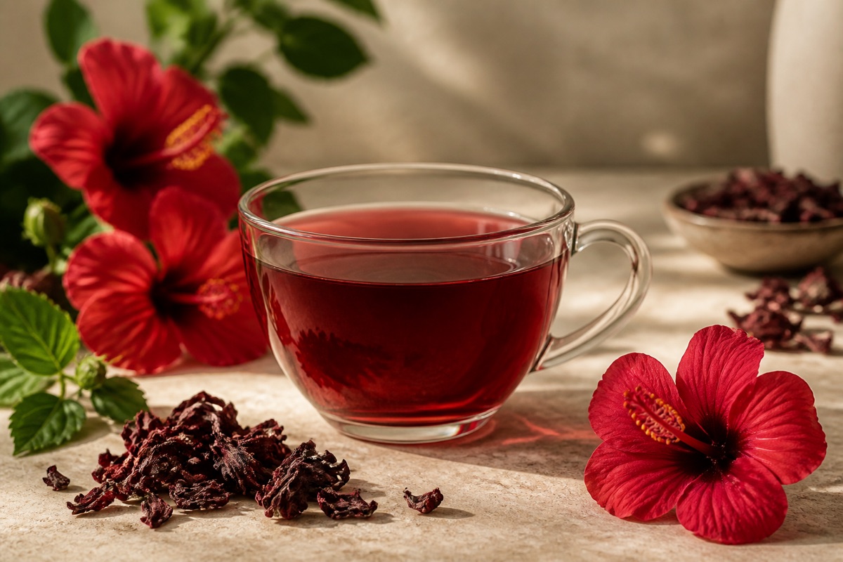 Hibiscus tea with red hibiscus petals
