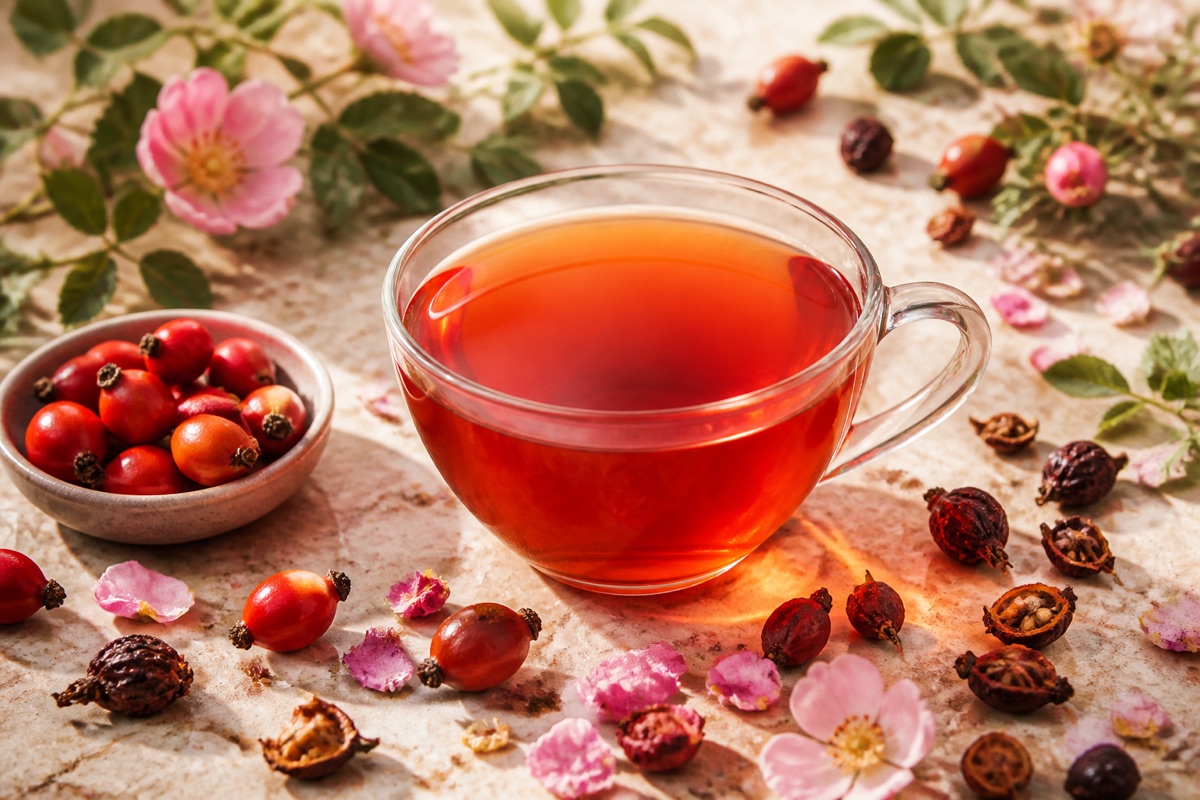 Sweetbrier tea with rosehips and wild rose petals